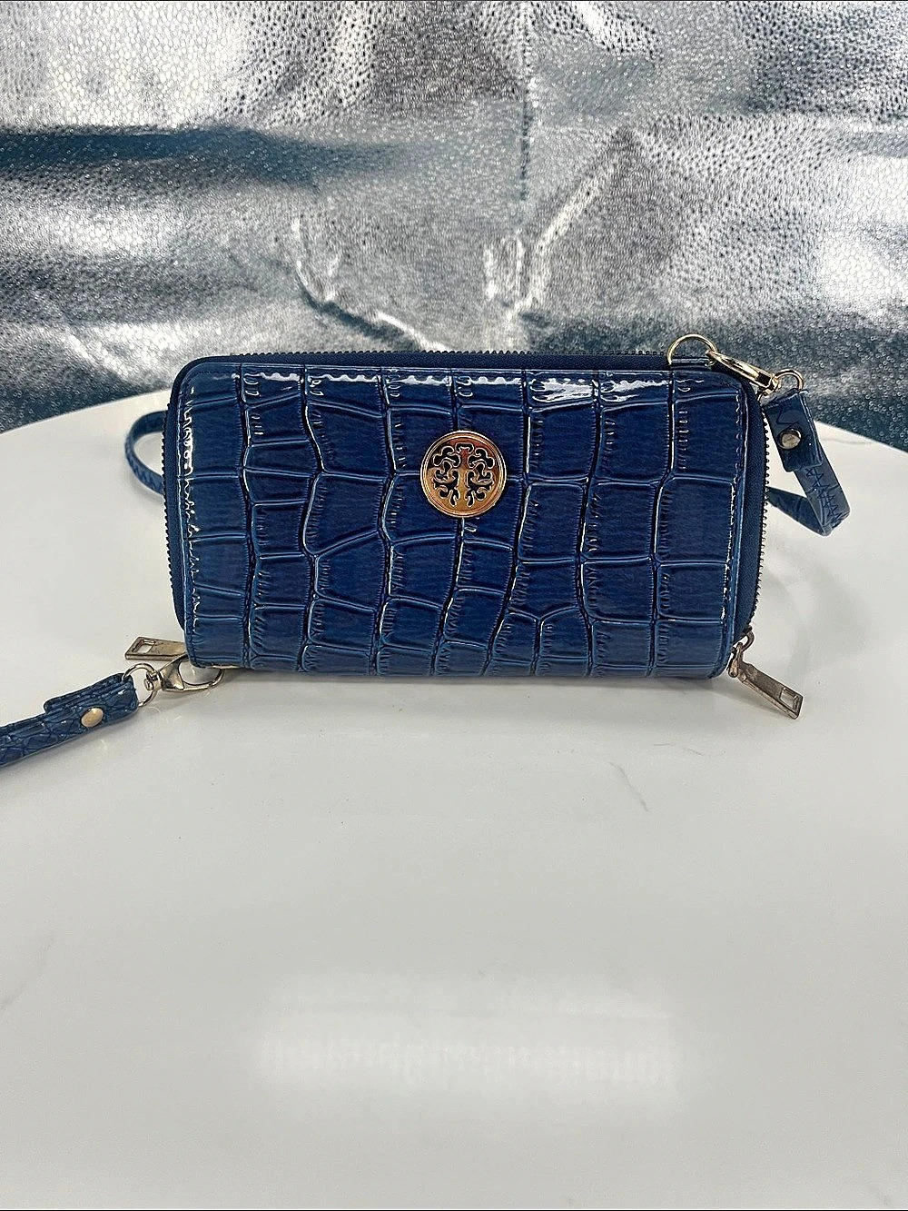 Blue Crocodile-Embossed Crossbody Wristlet Like New